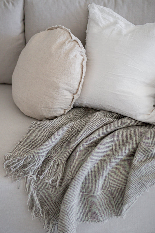 Brushed Wool Throw | Grey & Ivory Basketweave