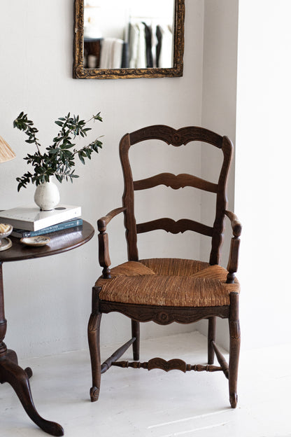 Antique French Provincial Oak & Woven Seat Armchair