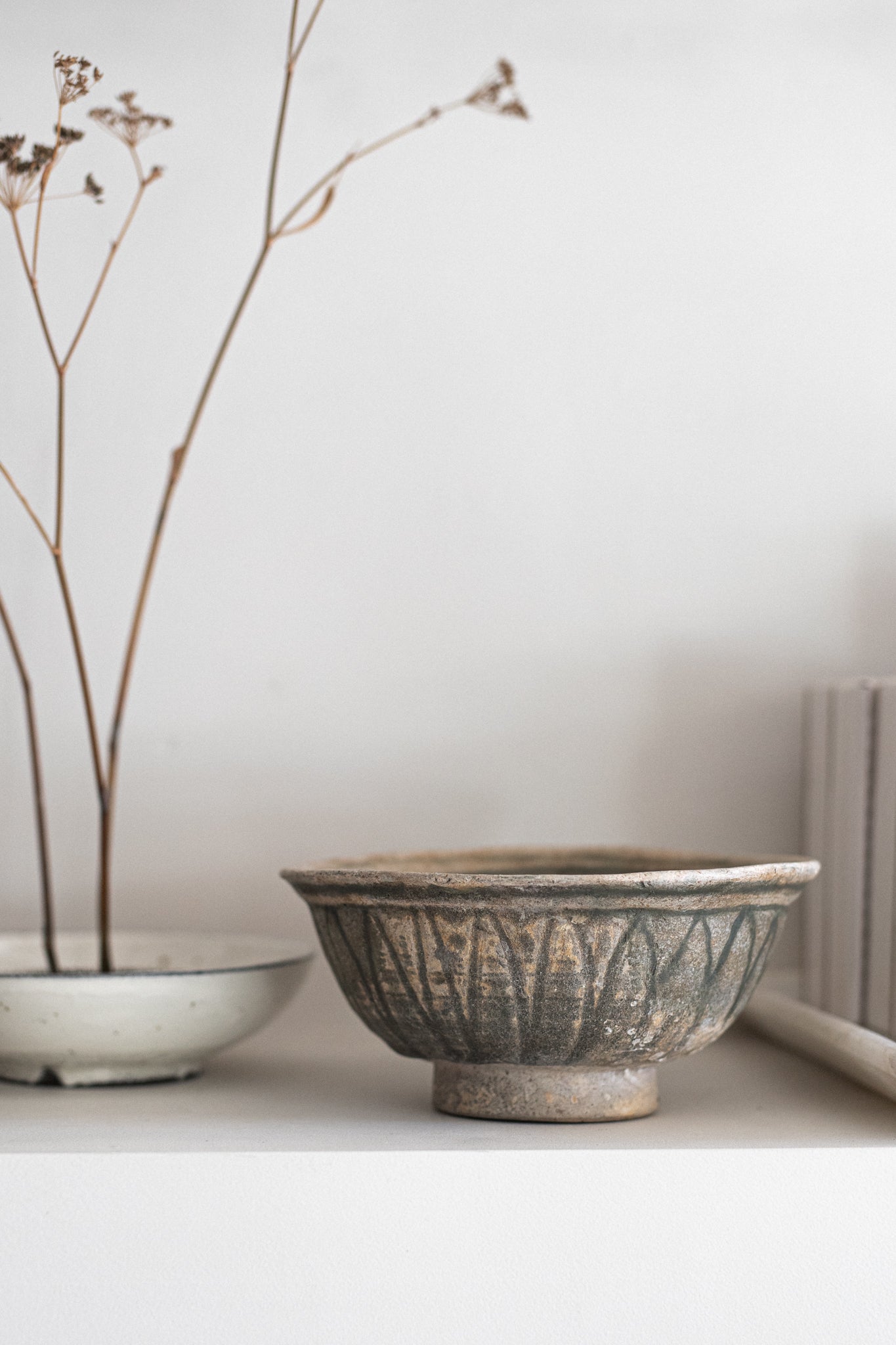 Aged Ceramic Carved Bowl