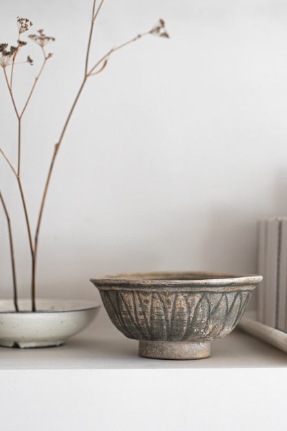 Aged Ceramic Carved Bowl