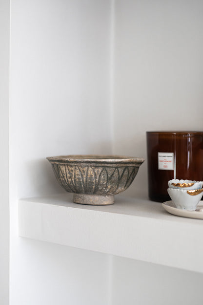 Aged Ceramic Carved Bowl