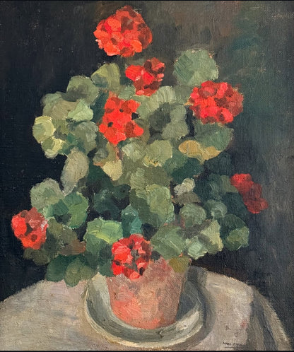 Antique French Artwork | Pot of Geraniums still life