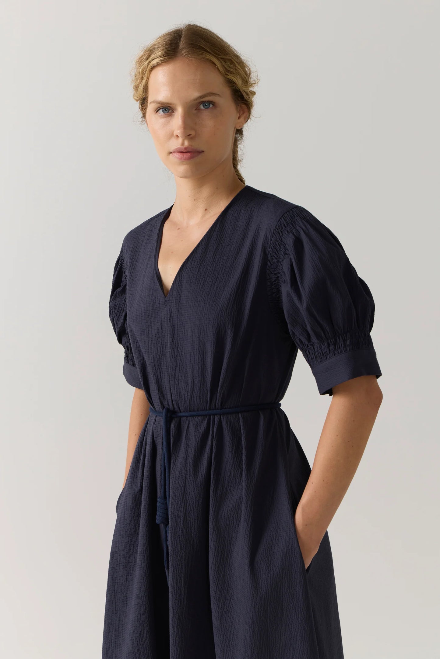 Scottie Dress in Navy Seersucker