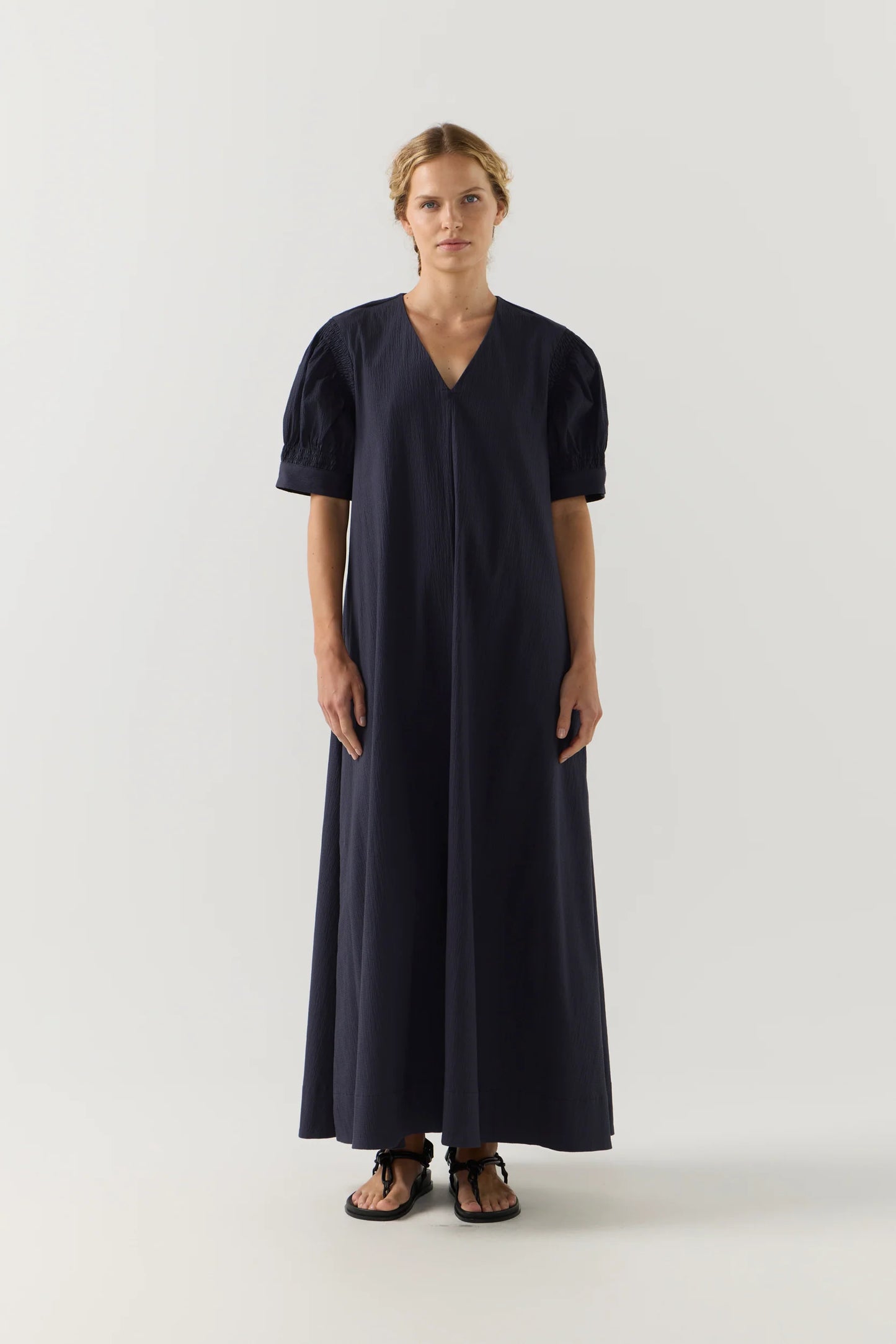 Scottie Dress in Navy Seersucker