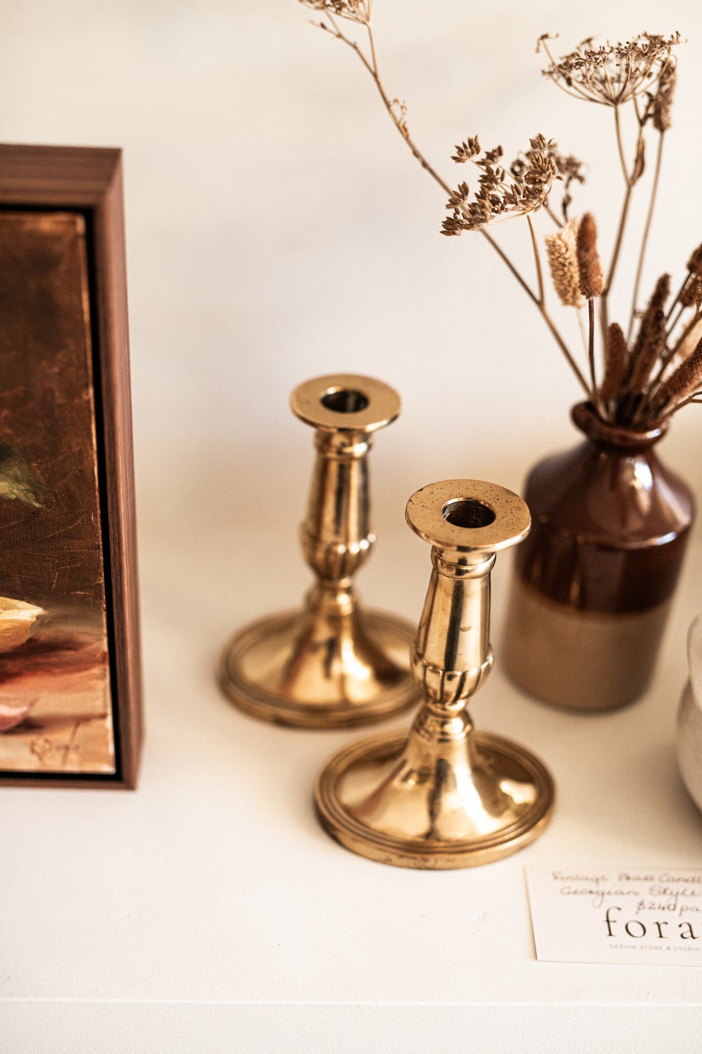 Antique Oval Brass Candlestick | Pair