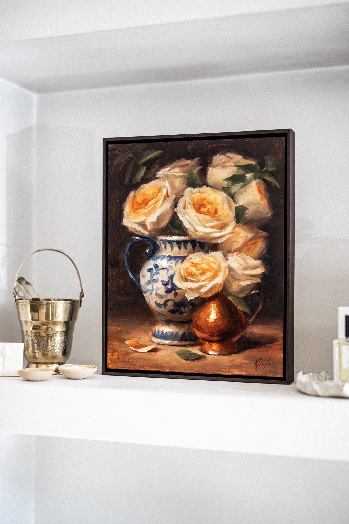 'Yellow Bouquet in Delft Vase with Brass' Artwork