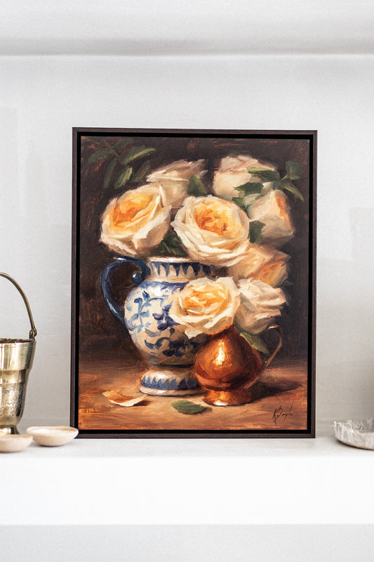 'Yellow Bouquet in Delft Vase with Brass' Artwork
