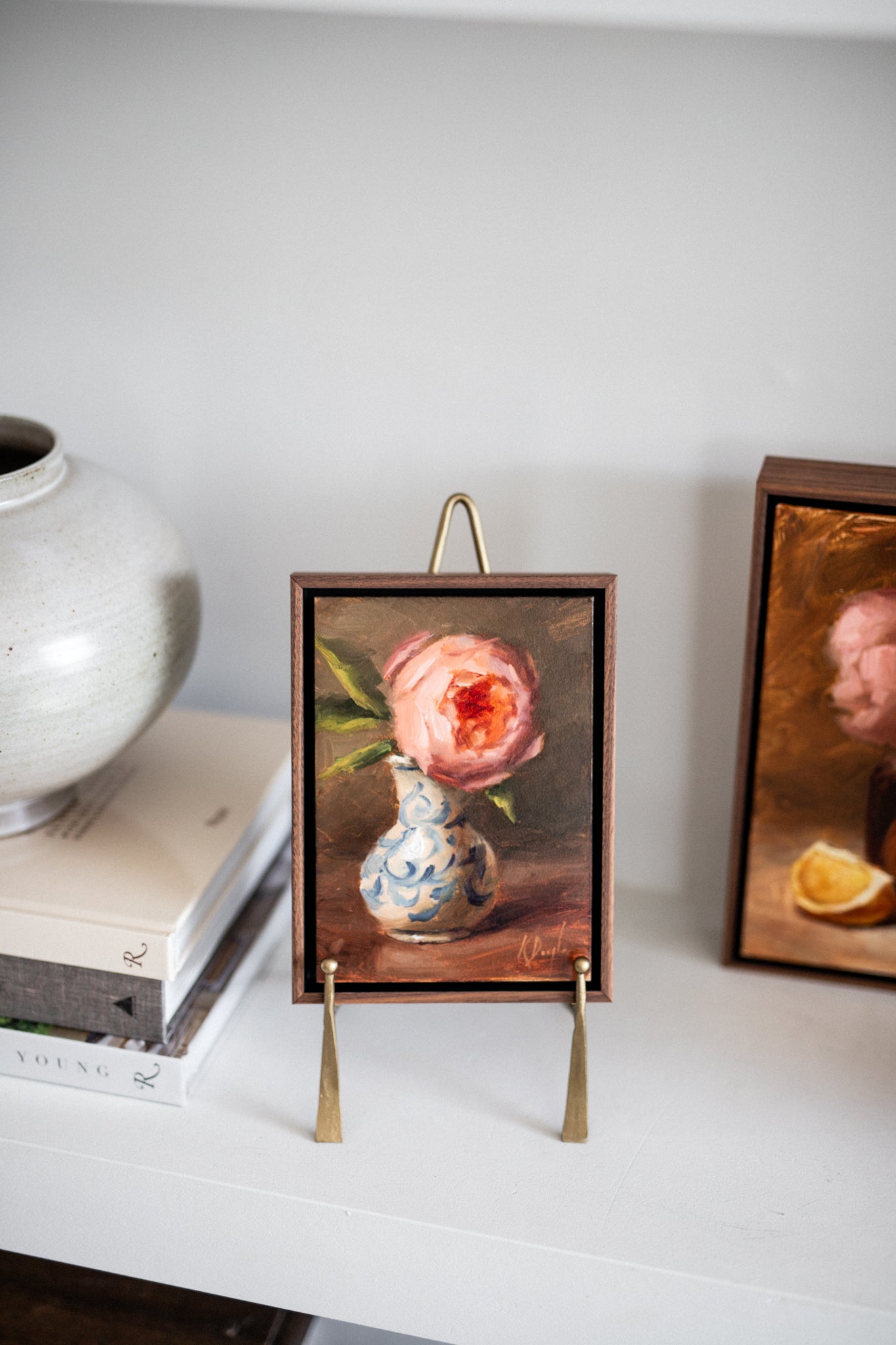 'Tiny David Austin Rose in Delft Vase' Artwork