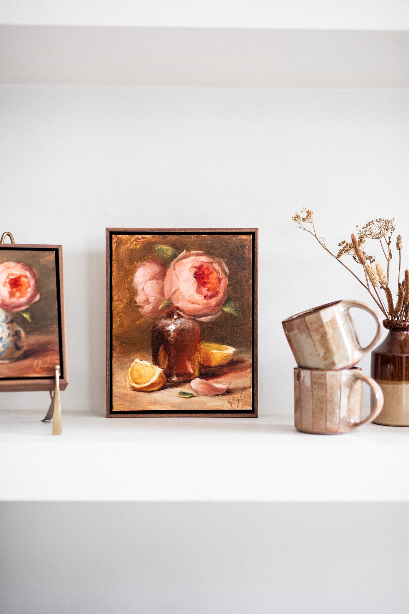 'David Austin Roses in bottle with Lemons' Artwork