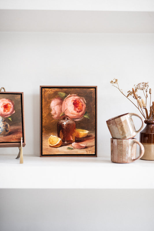 'David Austin Roses in bottle with Lemons' Artwork