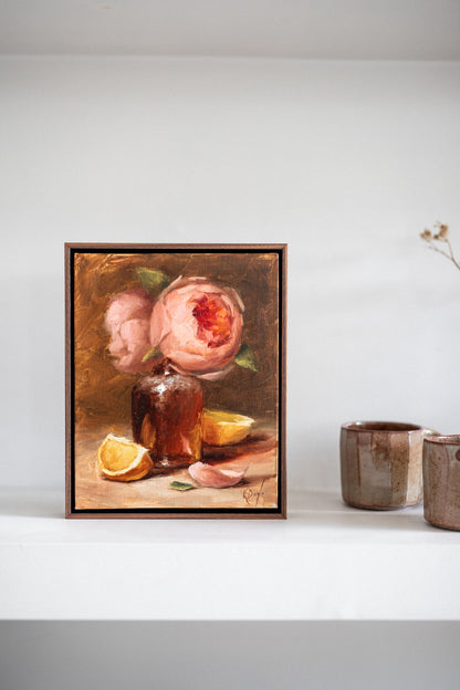 'David Austin Roses in bottle with Lemons' Artwork