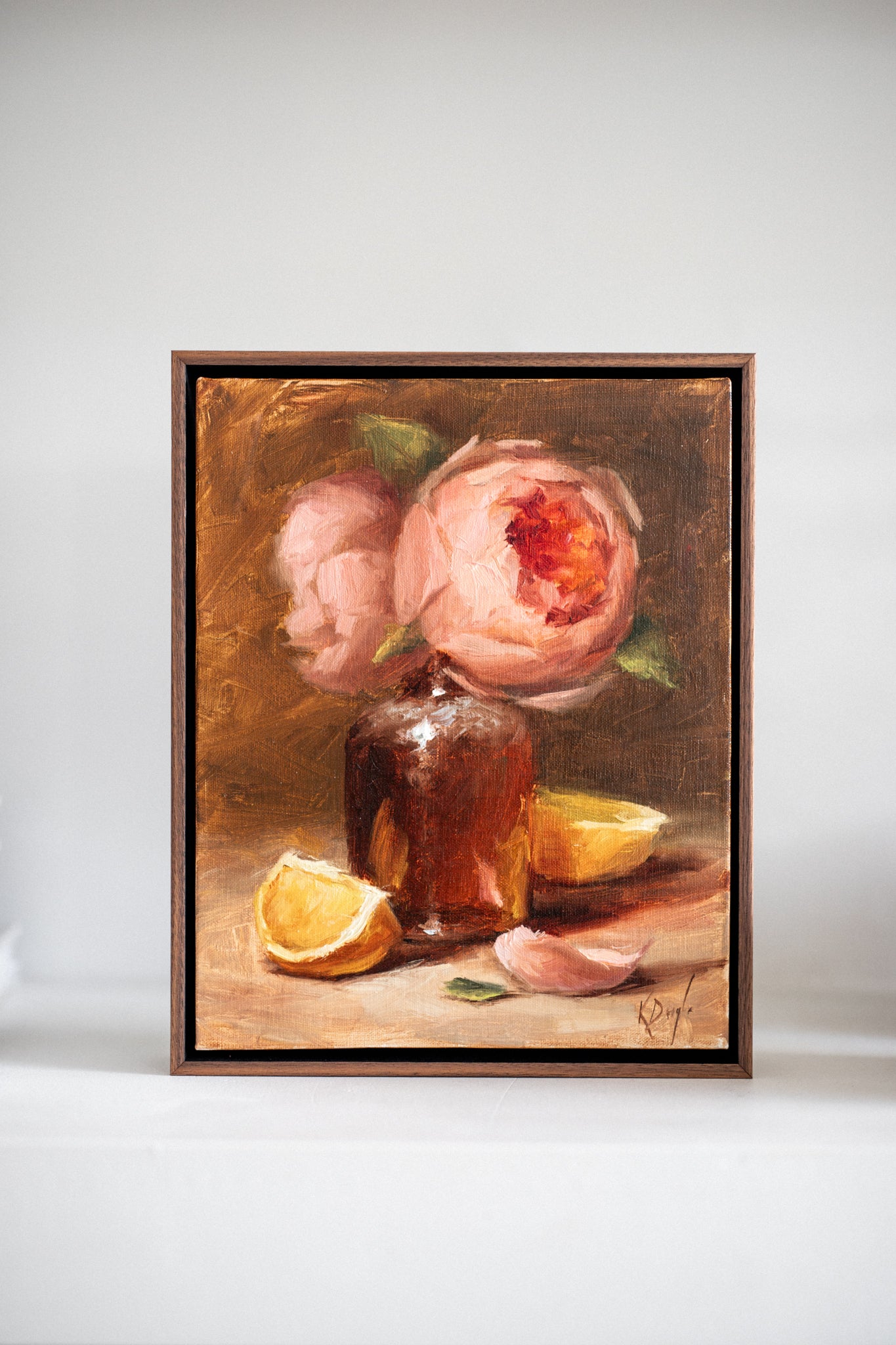 'David Austin Roses in bottle with Lemons' Artwork