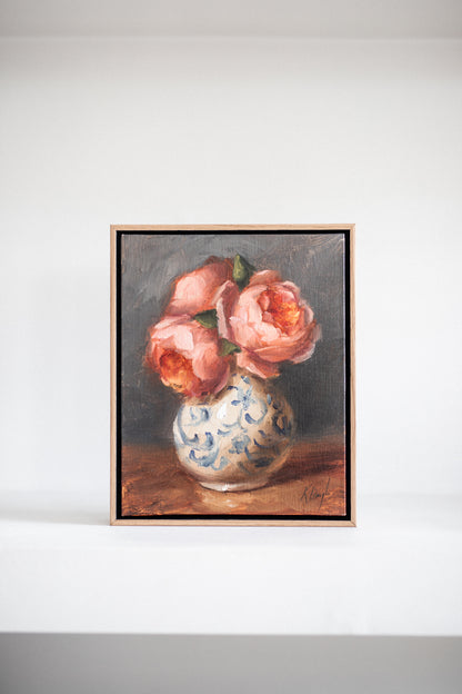 'David Austin Roses in Delft Vase' Artwork