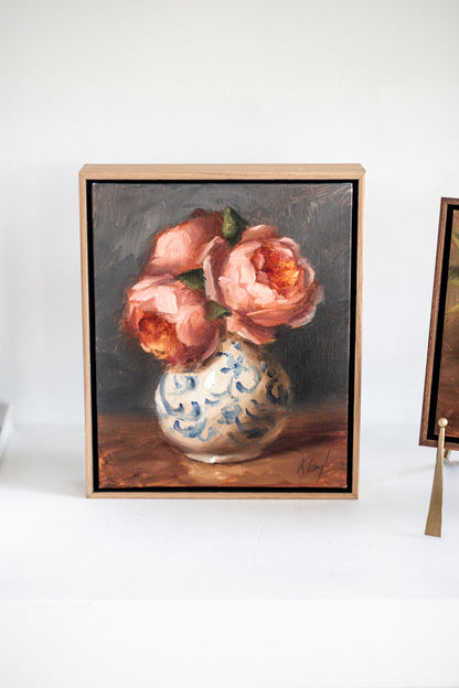'David Austin Roses in Delft Vase' Artwork