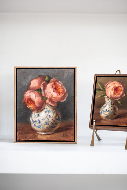 'David Austin Roses in Delft Vase' Artwork