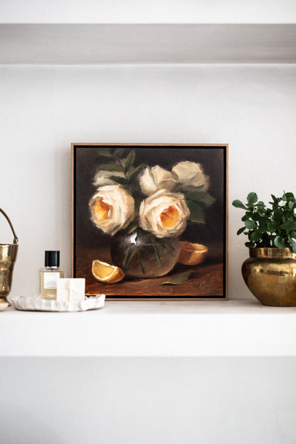 'Yellow Roses in Glass with Lemons' Artwork