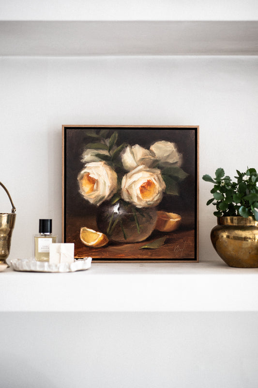'Yellow Roses in Glass with Lemons' Artwork