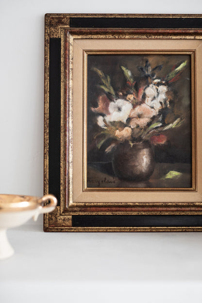 French Antique Floral Oil Painting in Stunning Frame