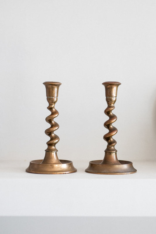 Antique Twist Brass Candlestick | Pair
