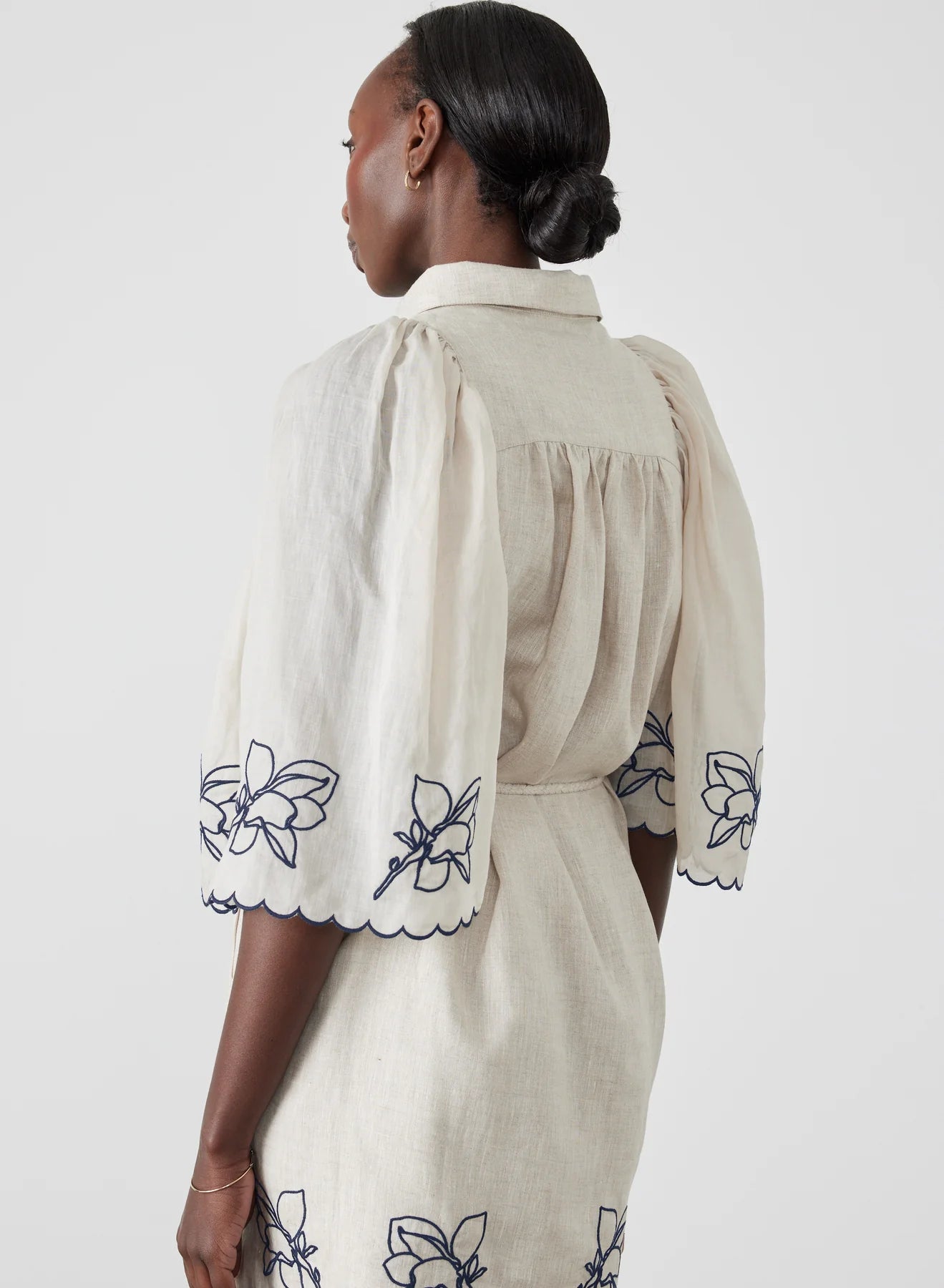 Hattie Linen Ramie Embroidery Mini Smock Shirt Dress | Flax Navy