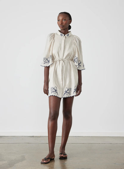 Hattie Linen Ramie Embroidery Mini Smock Shirt Dress | Flax Navy