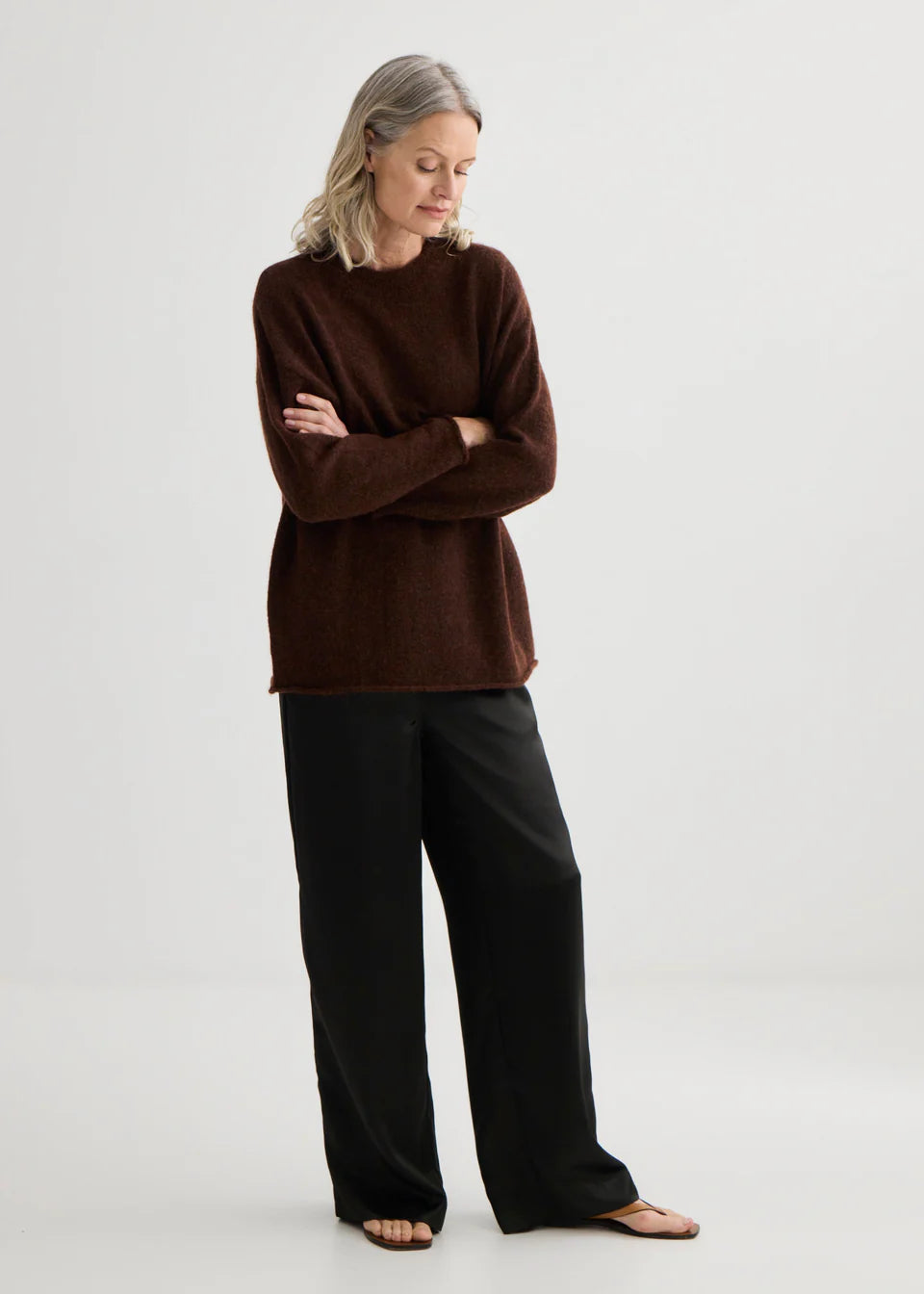Alpaca Sweater with Scarf Tie in Mahogany Marle