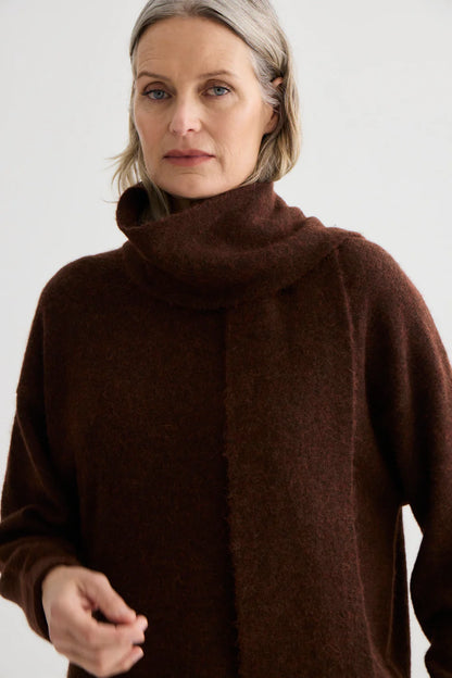 Alpaca Sweater with Scarf Tie in Mahogany Marle
