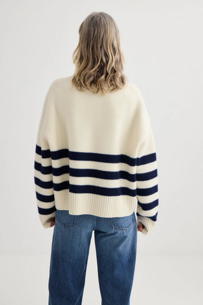Oversized Merino Stripe Crew - Ivory / Dark Navy