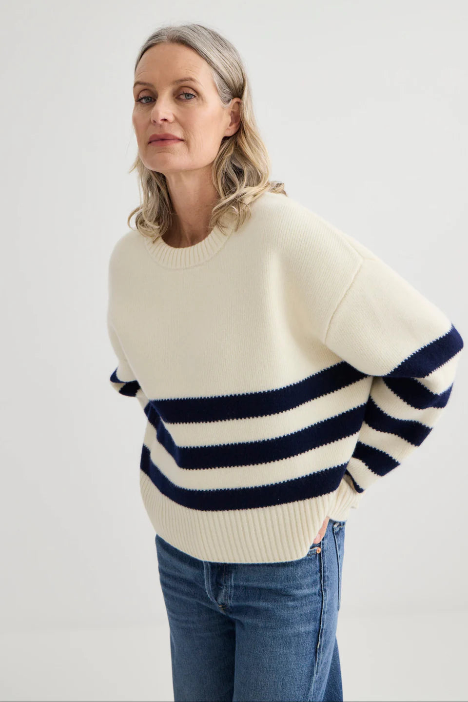 Oversized Merino Stripe Crew - Ivory / Dark Navy
