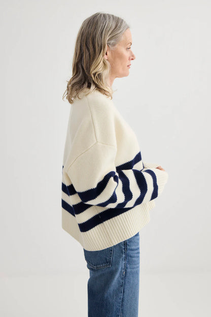 Oversized Merino Stripe Crew - Ivory / Dark Navy