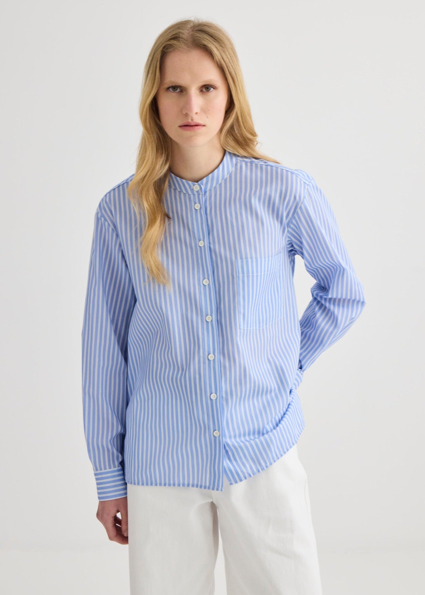 Striped Collarless Shirt Oxford Blue - Side