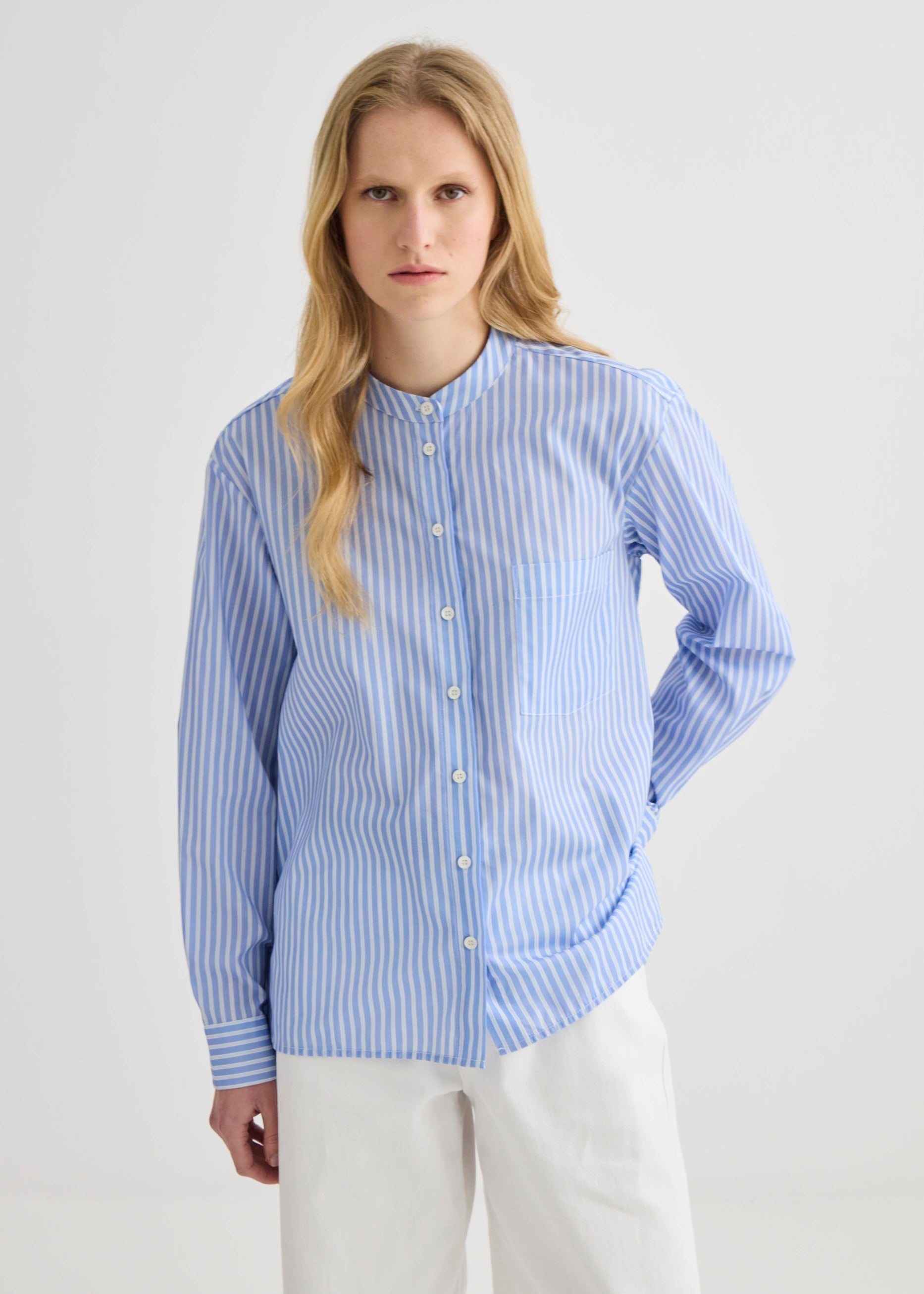 Striped Collarless Shirt Oxford Blue - Side