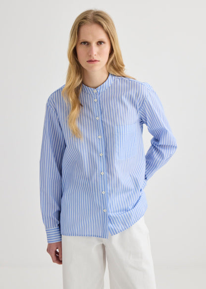 Striped Collarless Shirt Oxford Blue - Side