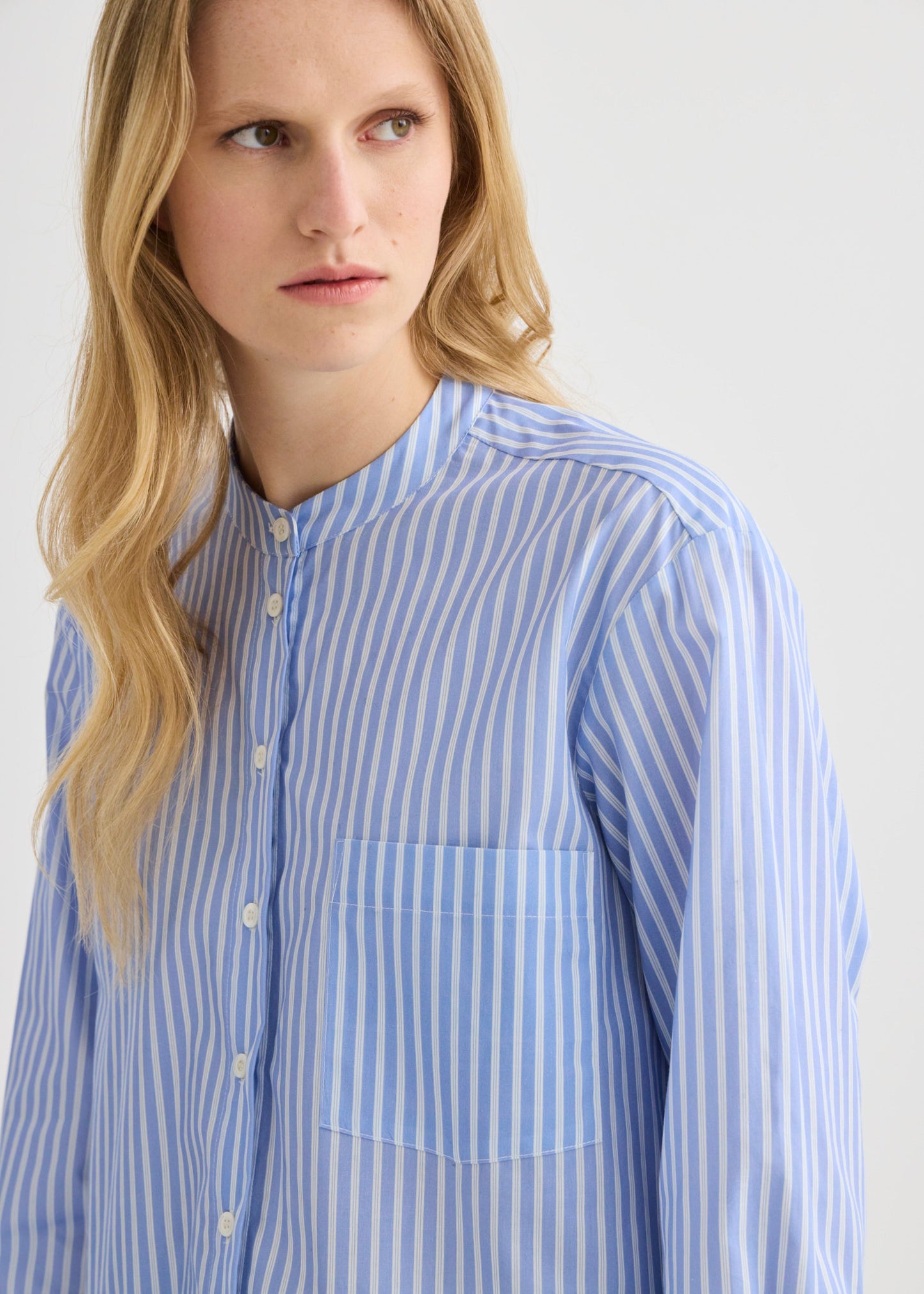 Striped Collarless Shirt Oxford Blue - Front
