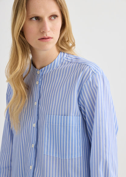 Striped Collarless Shirt Oxford Blue - Front