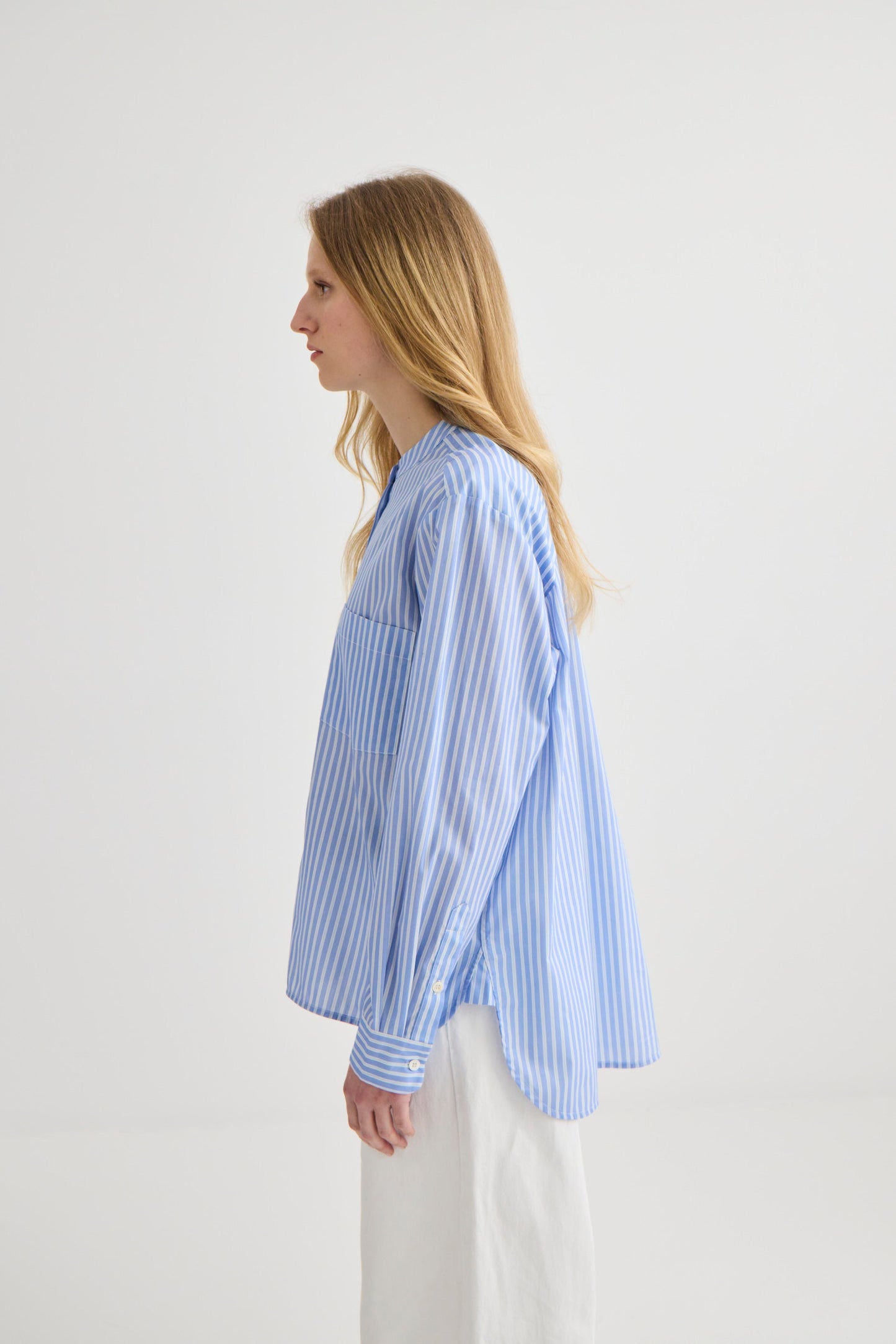 Striped Collarless Shirt Oxford Blue - Back