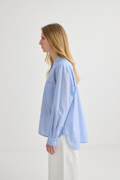 Striped Collarless Shirt Oxford Blue - Back