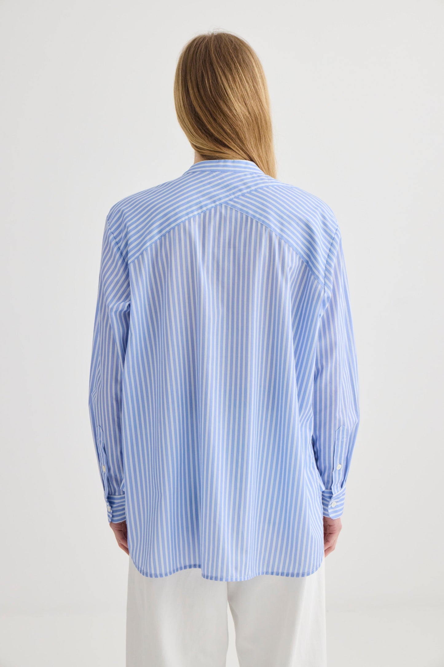 Striped Collarless Shirt Oxford Blue - Full length