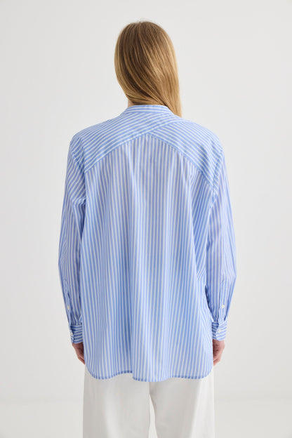 Striped Collarless Shirt Oxford Blue - Full length