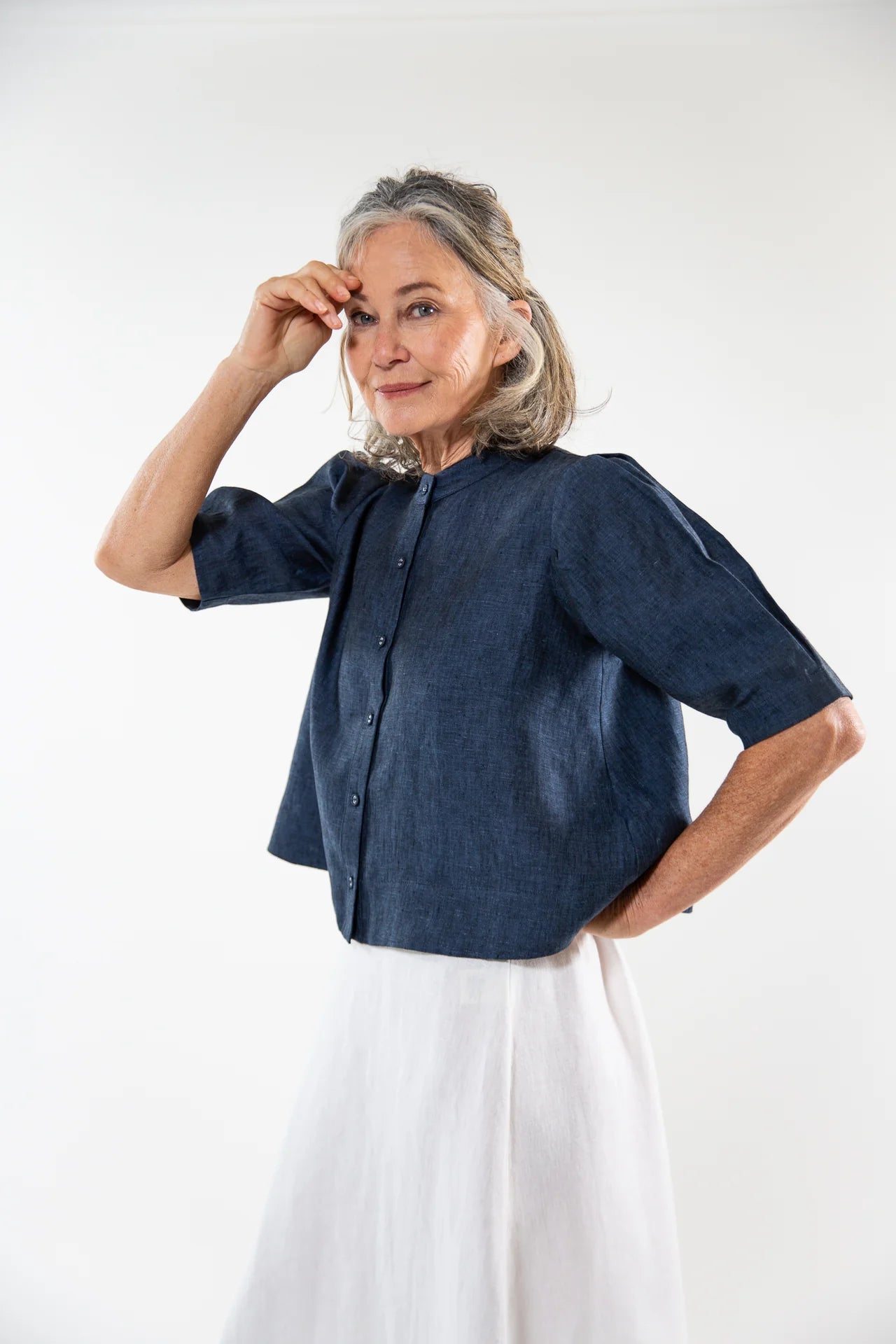 The Loretta Top in Navy Linen