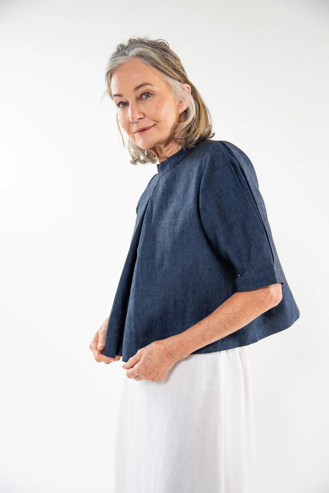 The Loretta Top in Navy Linen