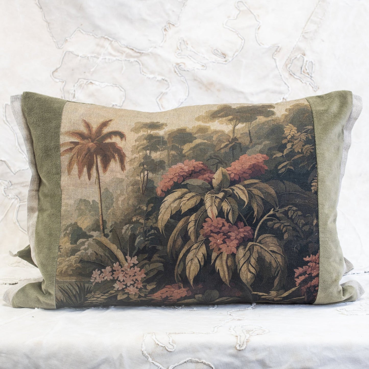 French Linen & Velvet Palm & Monstera Cushions
