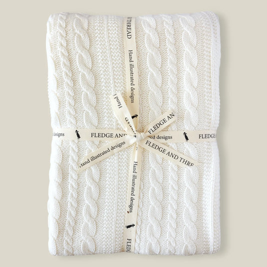 Knitted Baby Blanket | White Cable