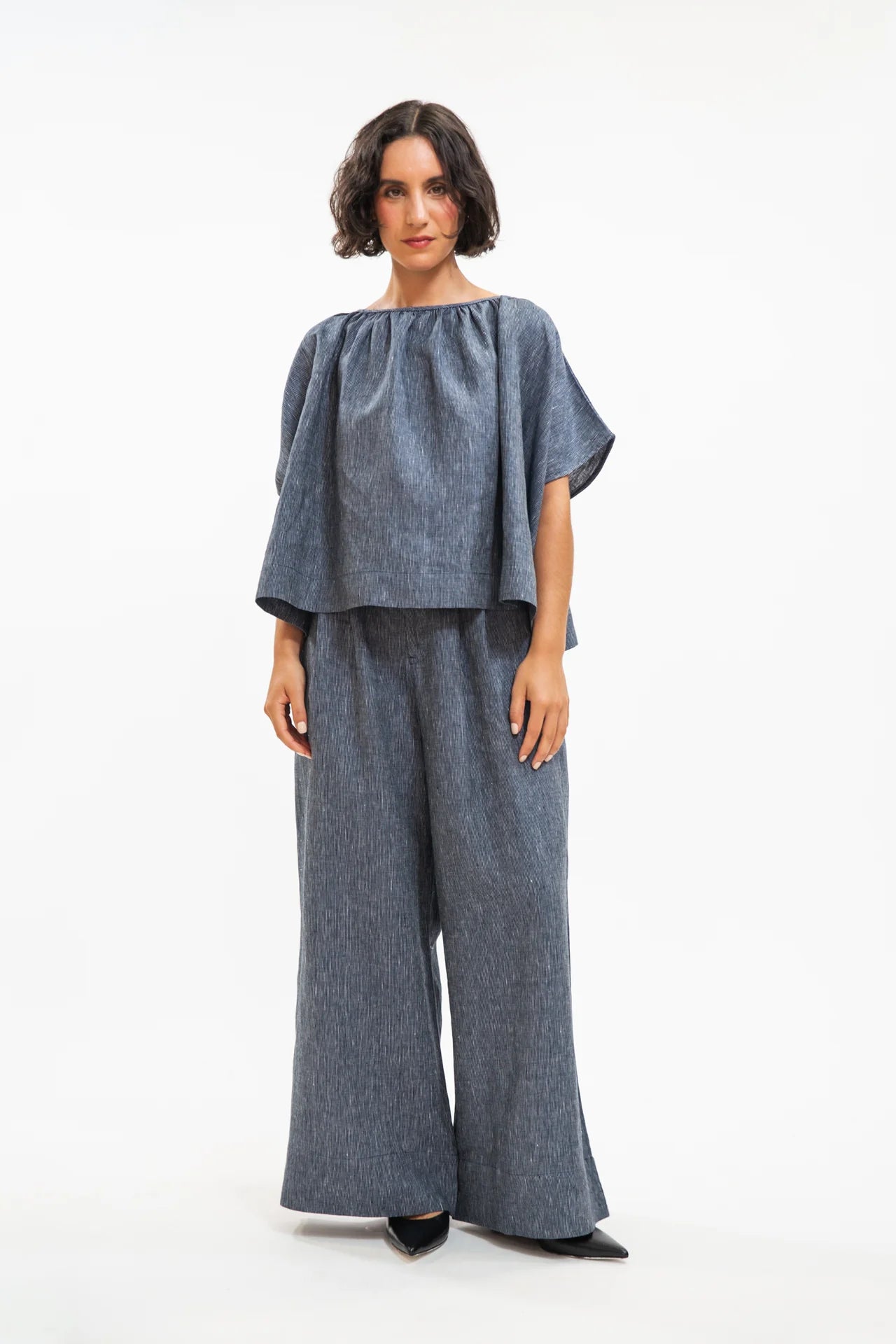 Poppy Top in Navy Pinstripe