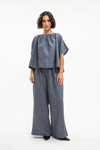 Poppy Top in Navy Pinstripe