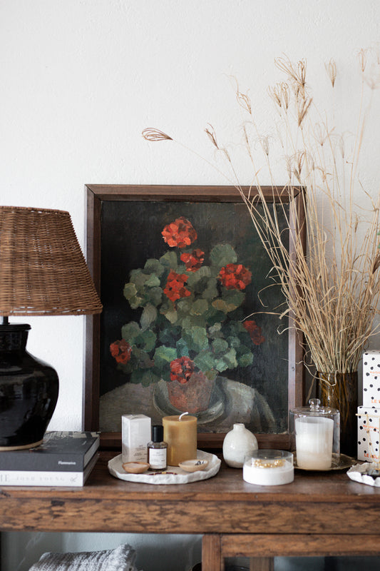 Antique French Artwork | Pot of Geraniums still life