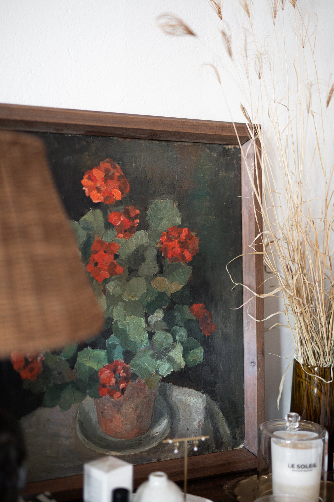 Antique French Artwork | Pot of Geraniums still life