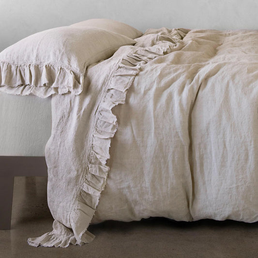 Kristine Linen Ruffle Flat Sheet in Q/K | 'Sable'